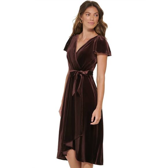 DKNY Women’s Brown Velvet Faux-Wrap Flutter-Sleeve Dress Midi Belted Womens 10 - Picture 1 of 12